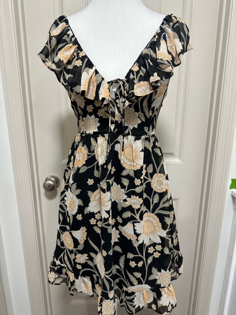 Gentle Fawn Black Floral Ruffle Mini Dress with Cream Flowers - Picture 3 of 8